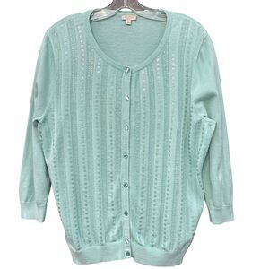 Talbots Mint Green Sequin Cardigan Sweater Women’s XL Cotton Long Sleeve